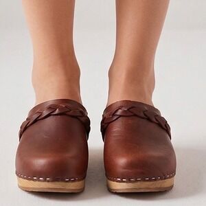 Moheda Swedish Clogs Brown Leather Braided Strap Wooden Mules Size36 Made Sweden